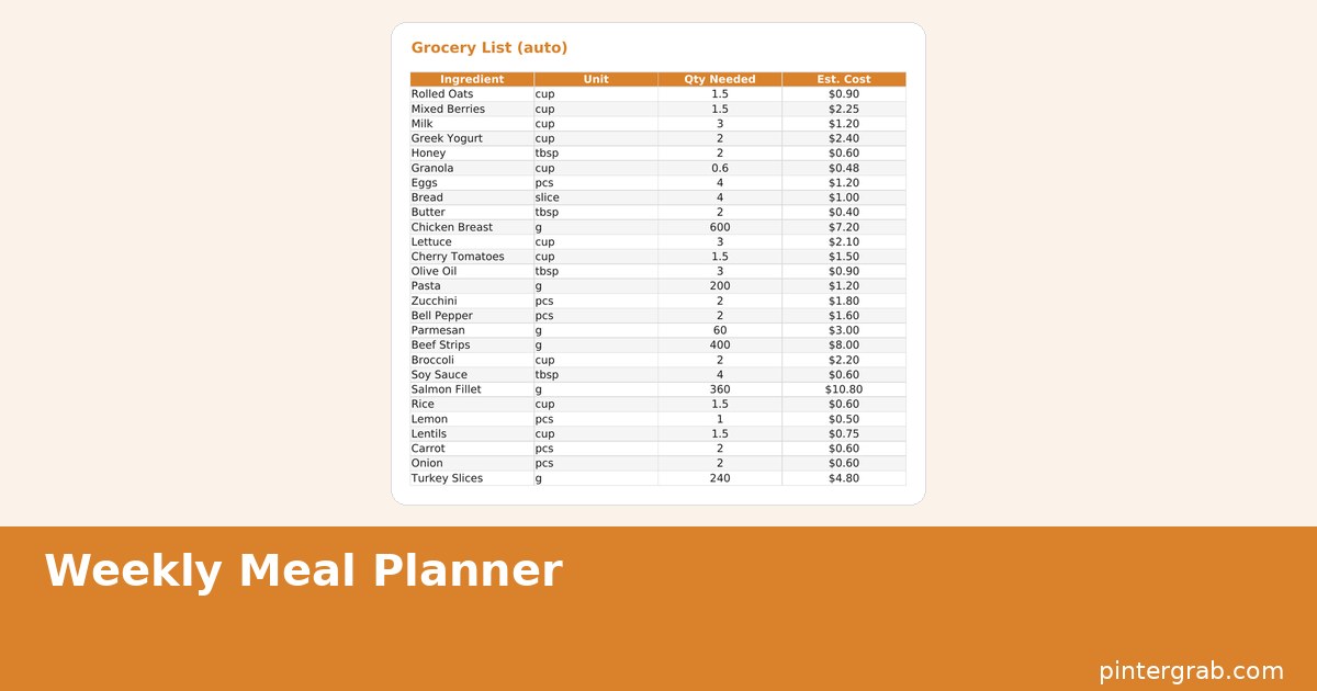 Meal planner grocery list spreadsheet with ingredients grouped by store section