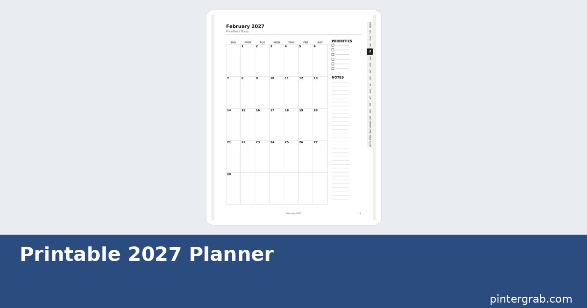 2027 dated planner monthly calendar page with priorities and notes columns, GoodNotes tabs on the right edge