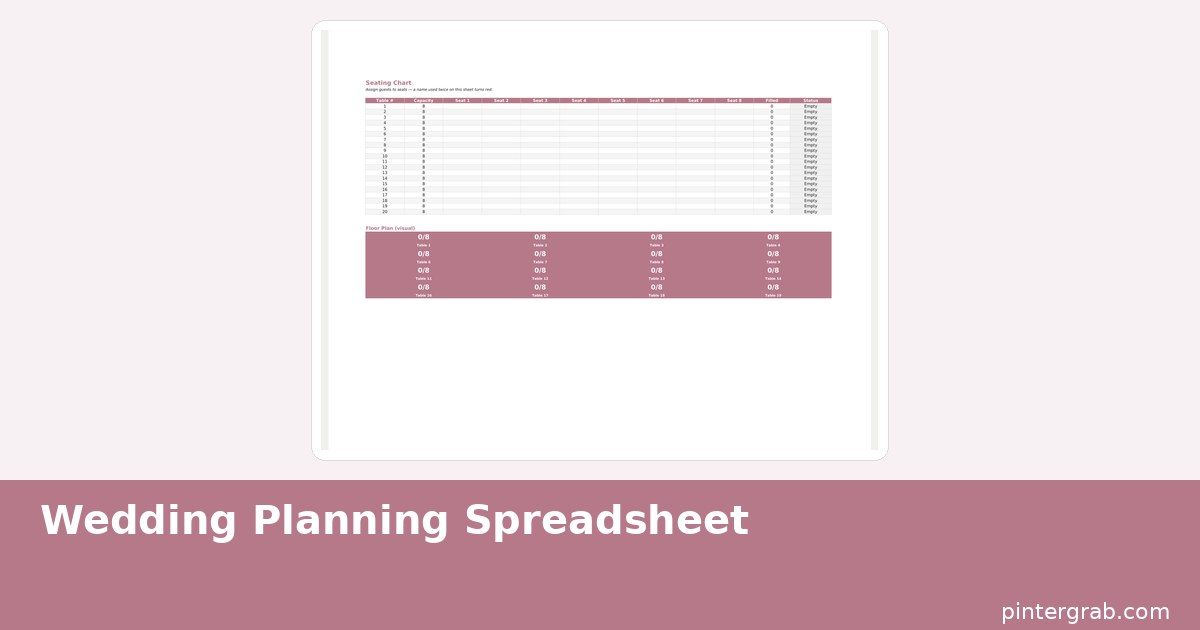 Wedding seating chart spreadsheet with table numbers, seat assignments, and a visual floor plan grid