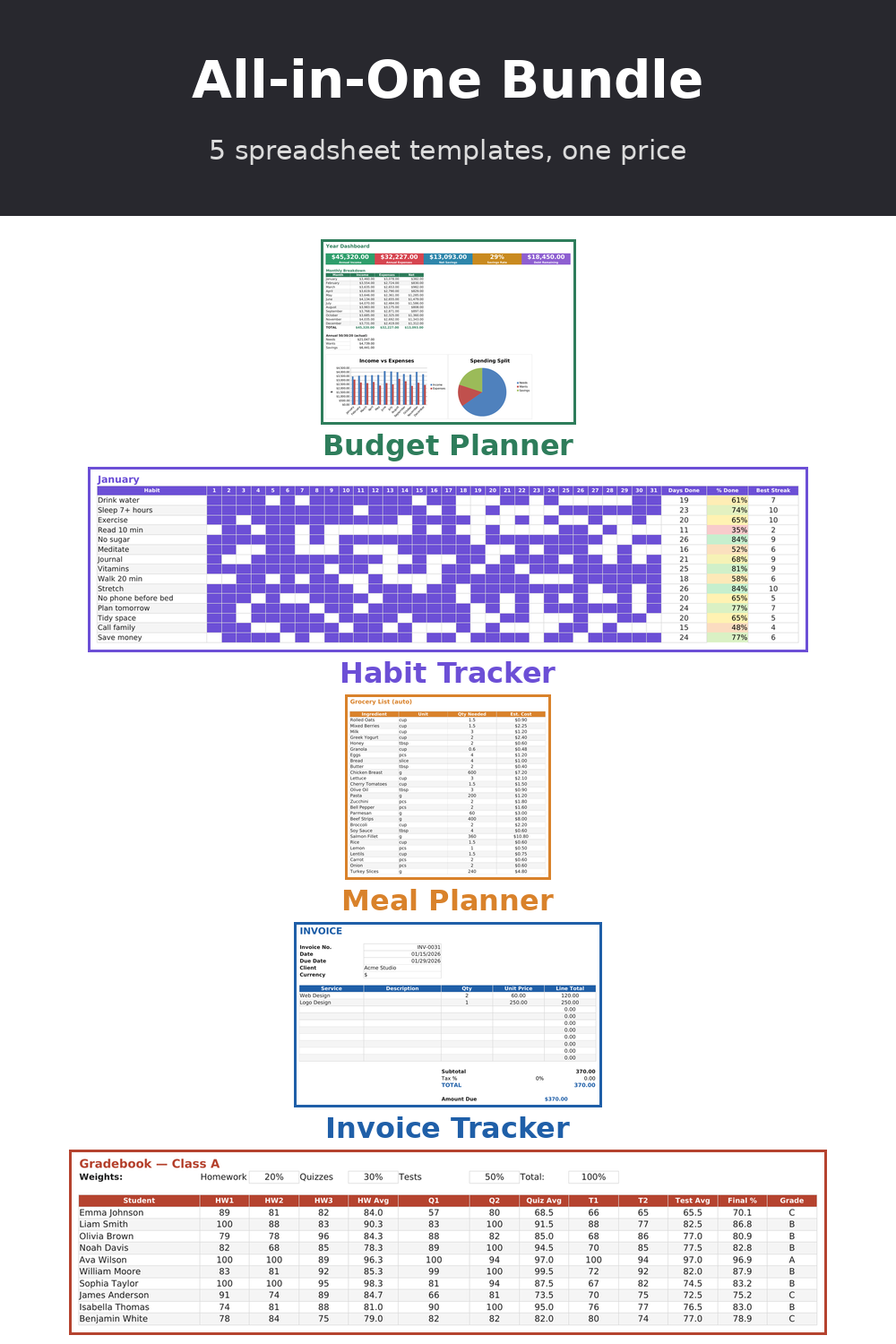 All-in-One Bundle: 5 Spreadsheet Templates preview 2
