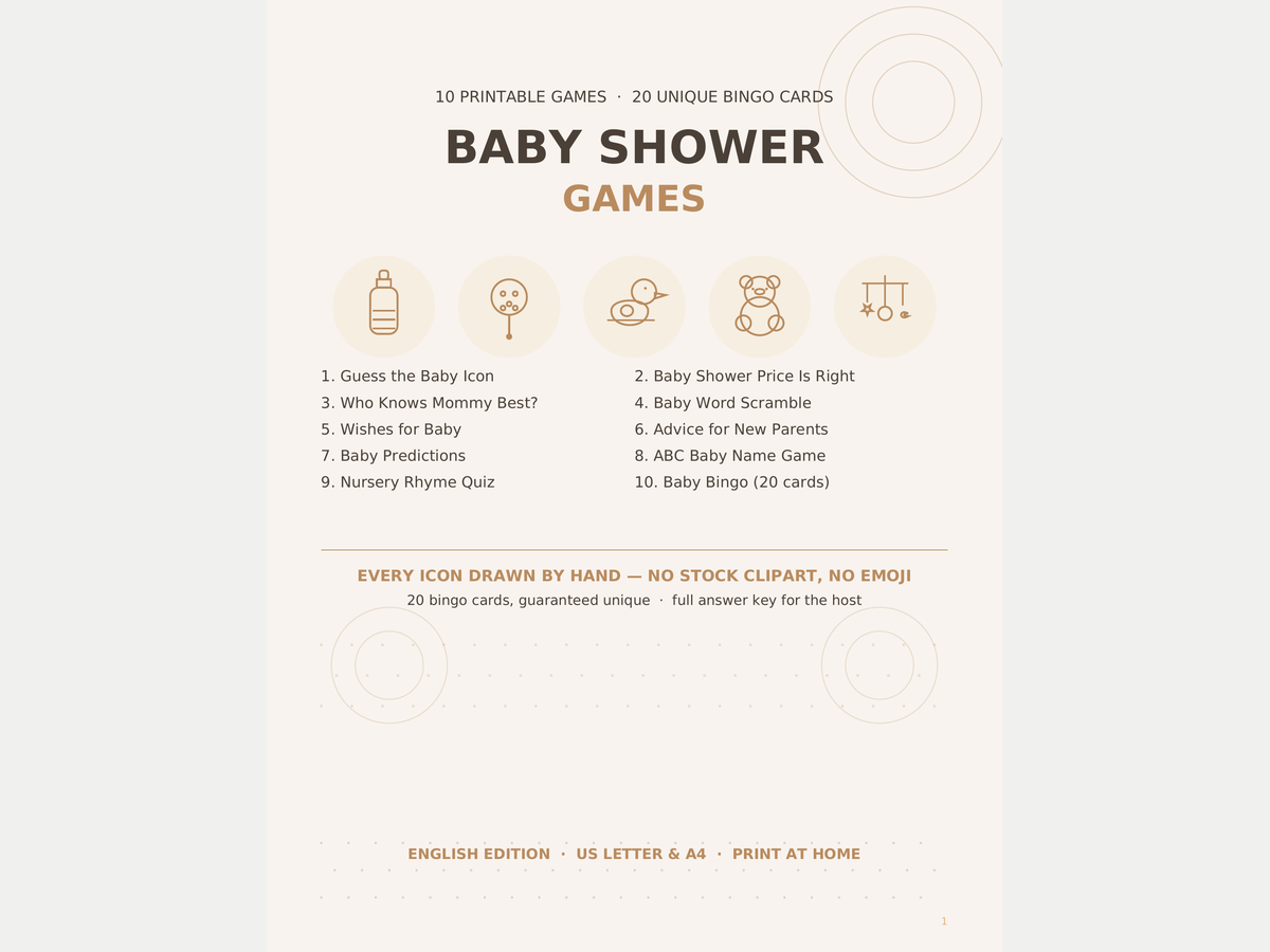 Baby Shower Games Printable Pack — 10 Games + Bingo