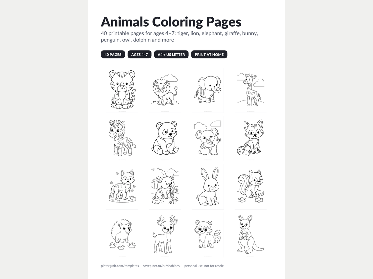 Animal Coloring Pages — 40-Page Pack preview 1