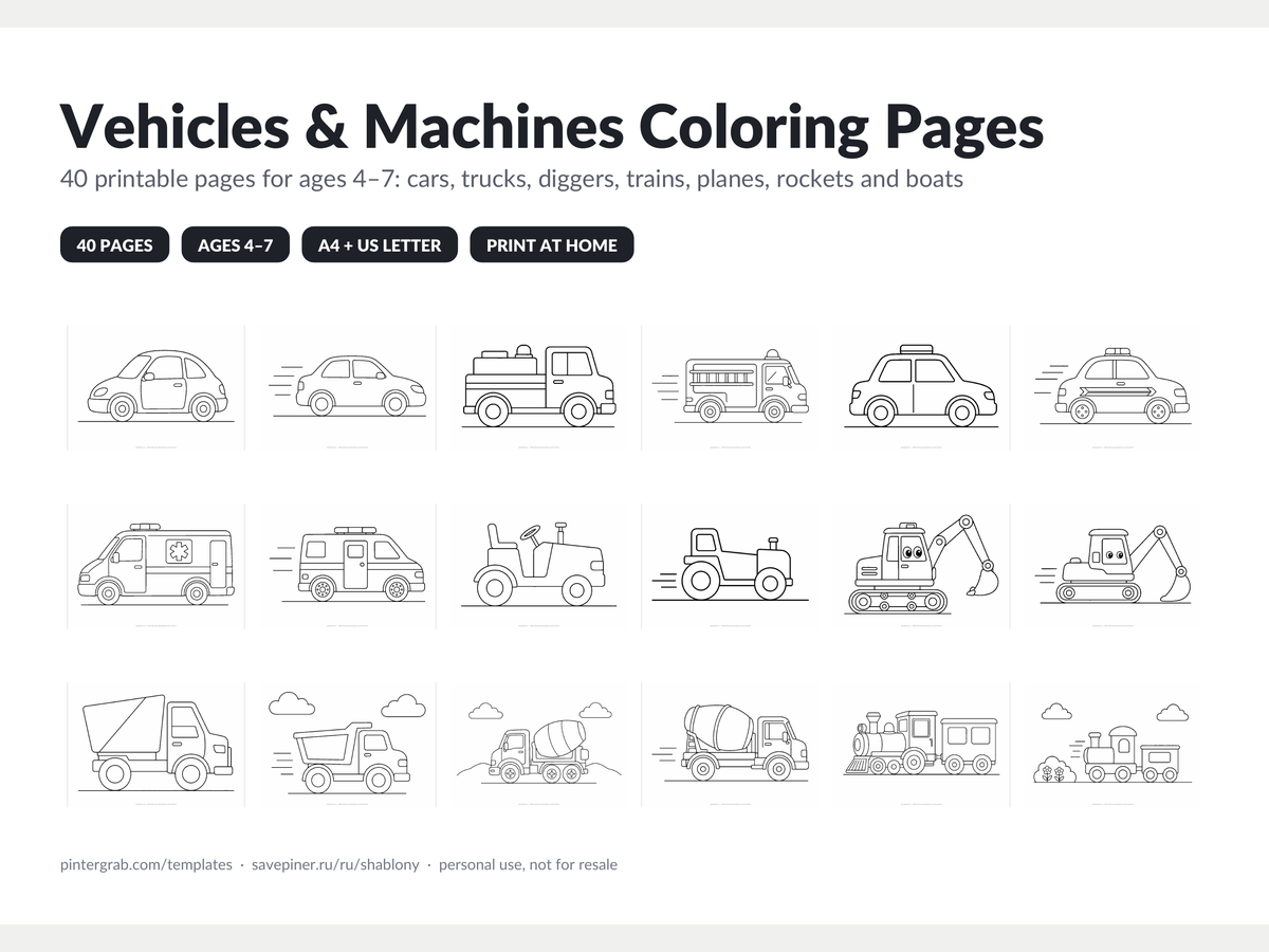 Vehicles & Machines Coloring Pages — 40-Page Pack preview 1