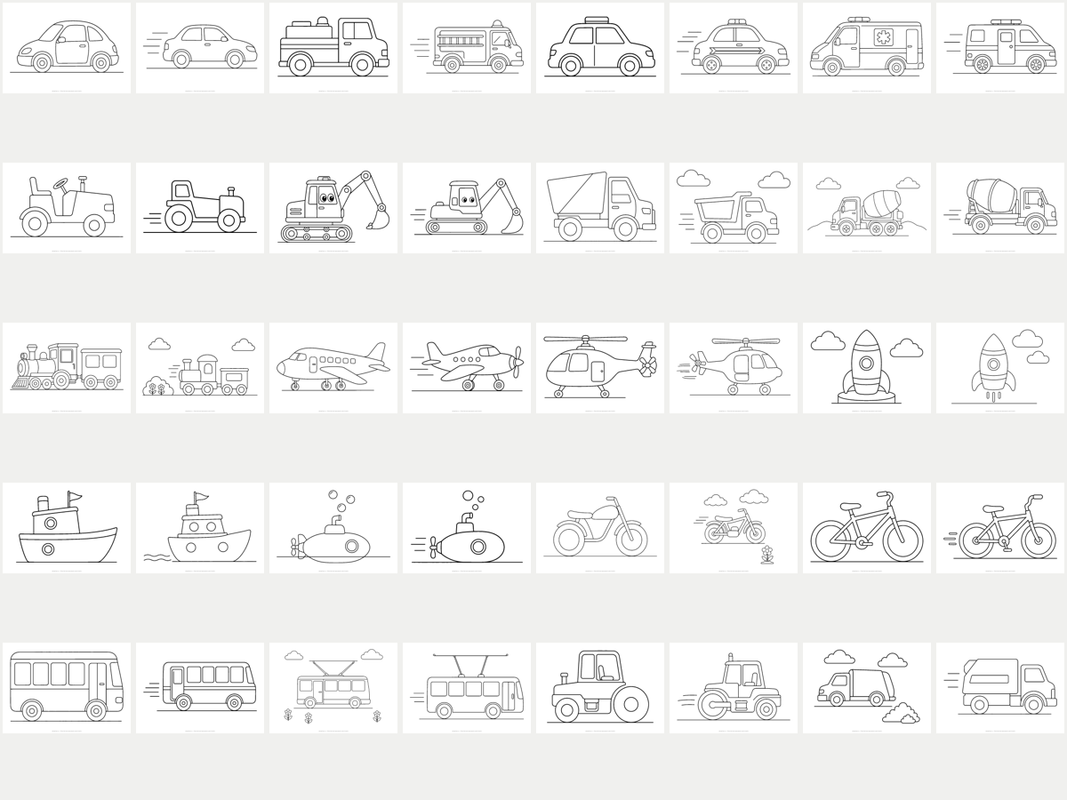 Vehicles & Machines Coloring Pages — 40-Page Pack preview 2