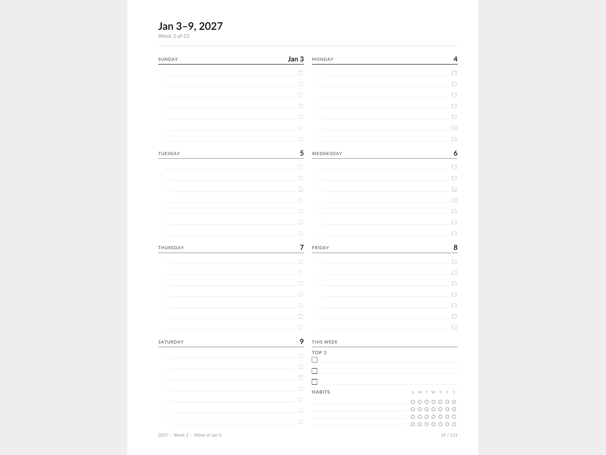 2027 Dated Planner — Printable + Digital, 111 Pages