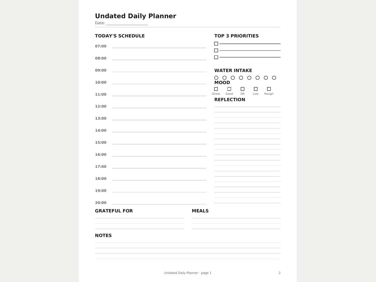 Undated Daily Planner — Printable PDF preview 2