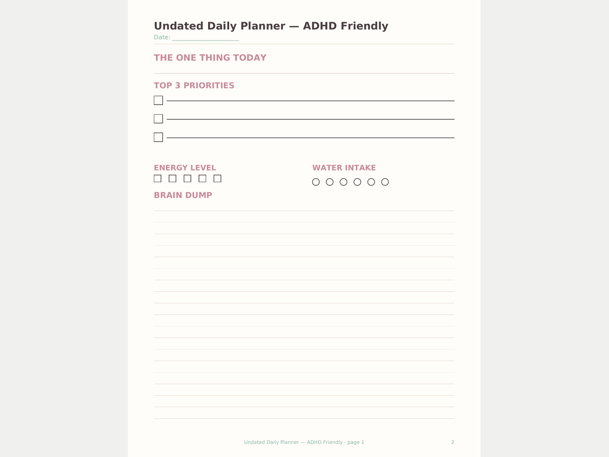 Undated Daily Planner — Printable PDF preview 3