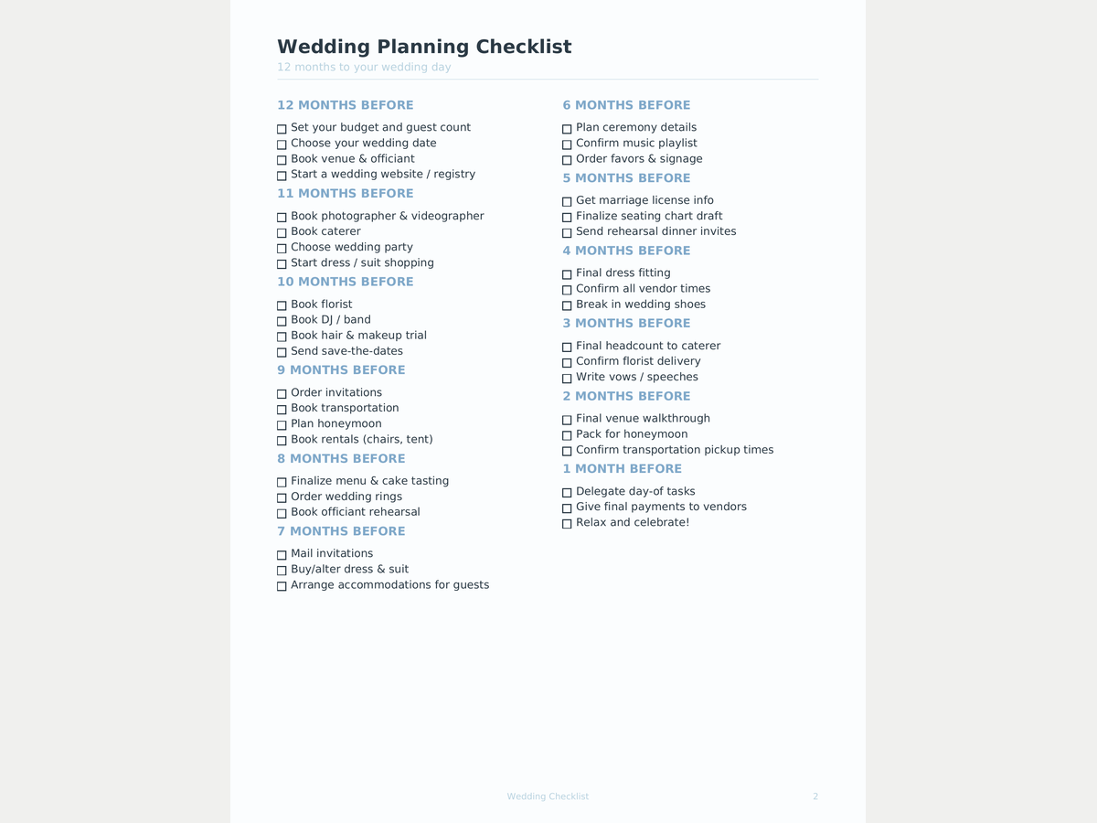 Wedding Planner Printable — Checklist, Budget & Timeline preview 2
