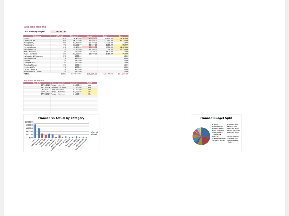 Wedding Spreadsheet Kit — Guest List, Seating Chart, Budget & Vendor Tracker preview 3