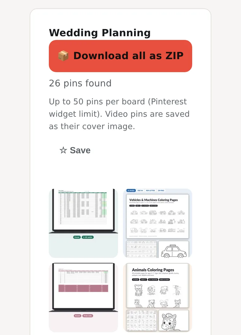 Board card Wedding Planning: the Download all as ZIP button, 26 pins found and the first four board pins