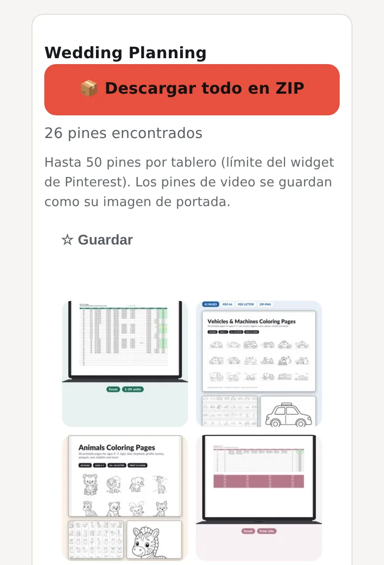 Tarjeta del tablero Wedding Planning: botón Descargar todo en ZIP, 26 pines encontrados y los primeros cuatro pines