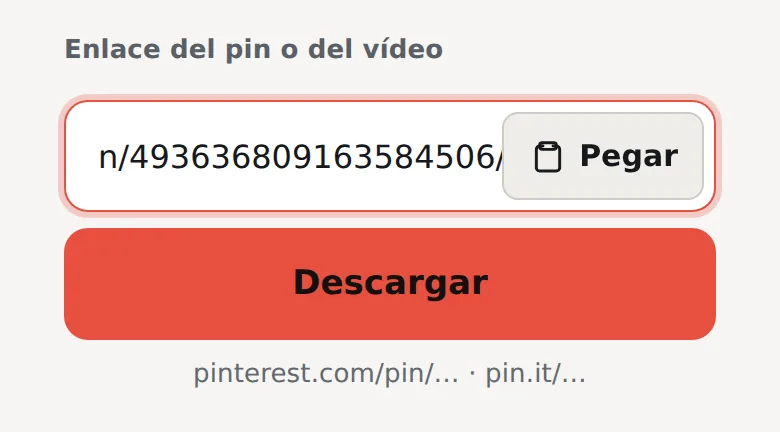 Campo de enlace de la página de GIF con un enlace pinterest.com/pin/ pegado y el botón Descargar