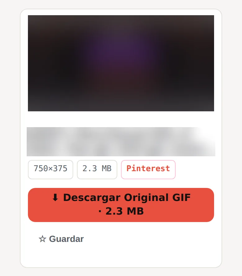 Tarjeta de resultado de un pin GIF: vista previa difuminada, 750×375 · 2.3 MB y el botón Descargar Original GIF