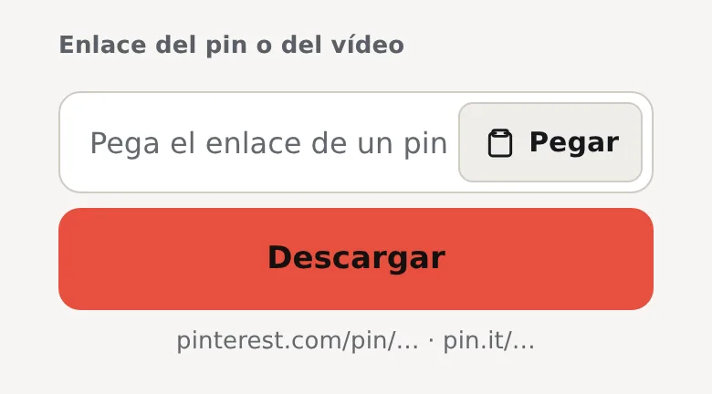 Campo de enlace de la página GIF a MP4 con el botón Pegar, el botón Descargar y la pista pinterest.com/pin/… · pin.it/…