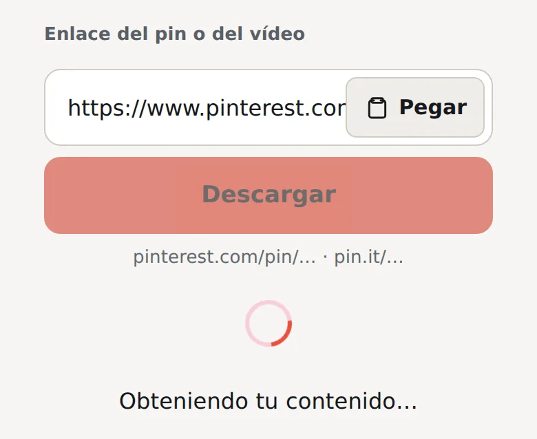Enlace de un pin de imagen pegado en el campo, el botón Descargar atenuado y Obteniendo tu contenido…