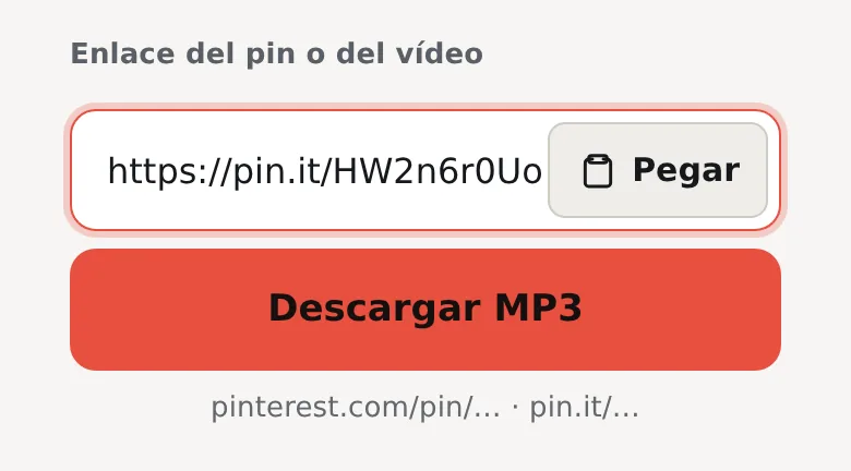Campo de enlace de la página MP3 con un enlace pin.it pegado y el botón Descargar MP3