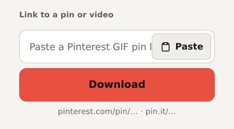 Link box on the GIF to MP4 page with the hint pinterest.com/pin/… · pin.it/… under it