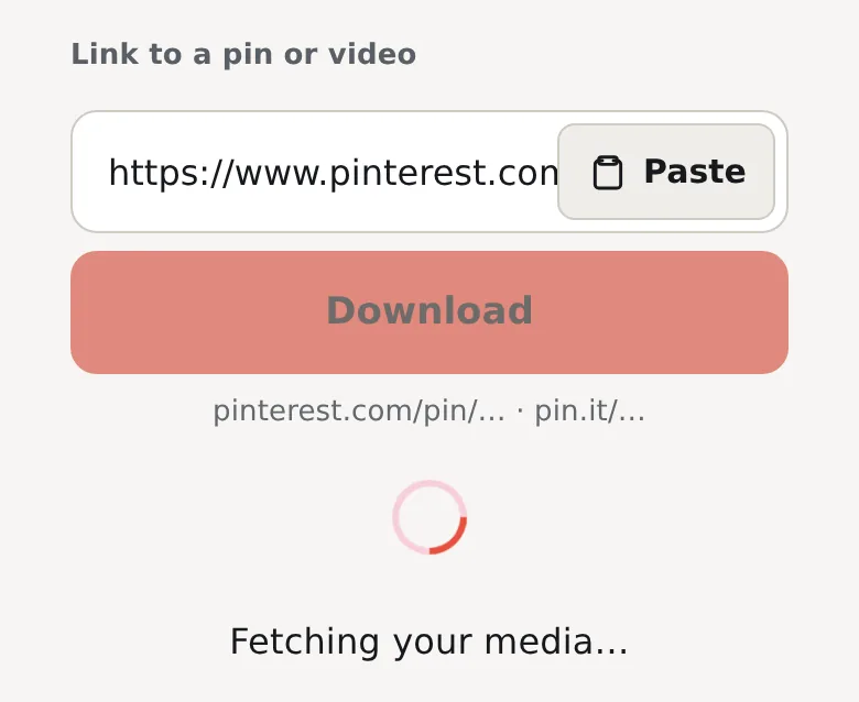 A GIF pin link pasted into the box, the Download button dimmed and a spinner with Fetching your media…