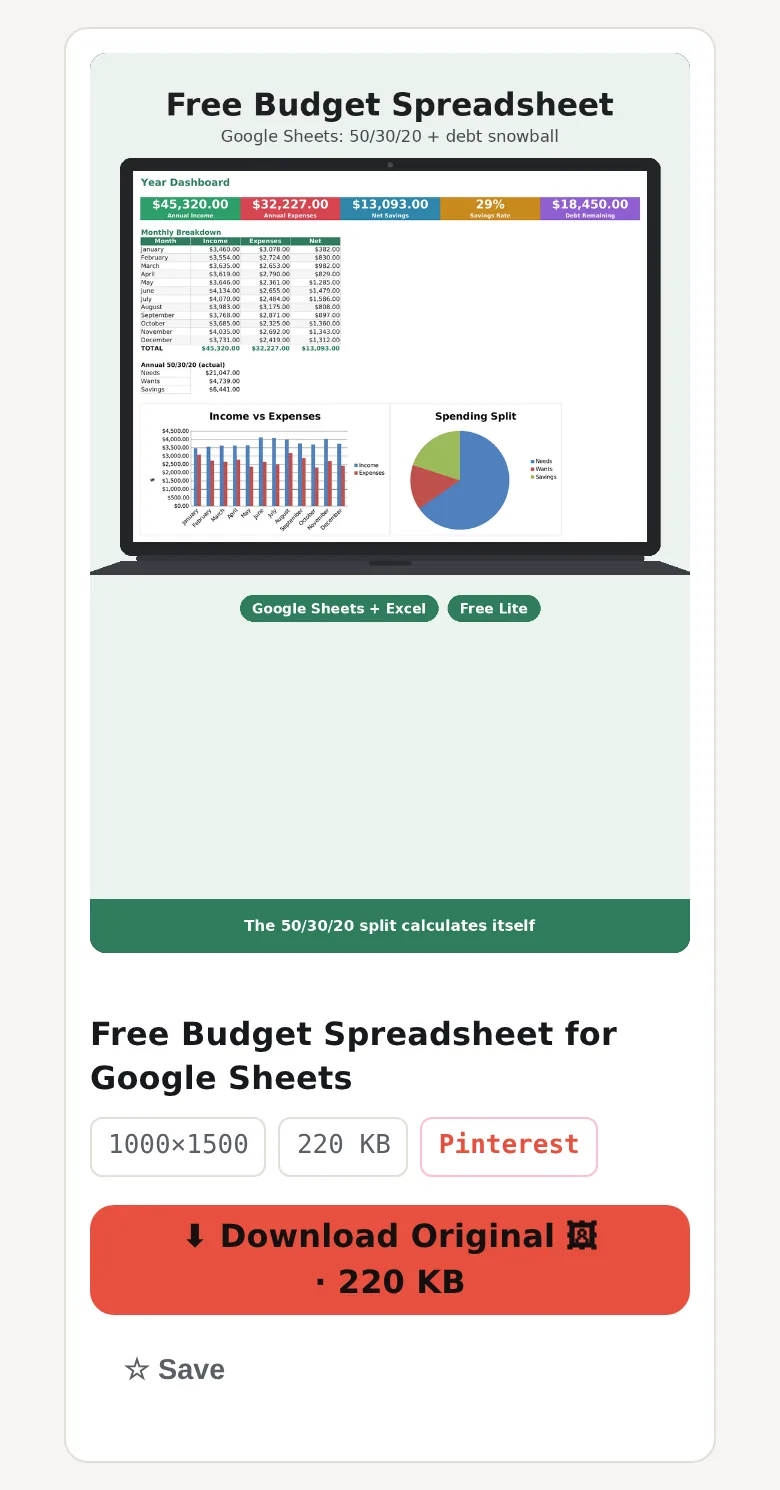Result card with a budget spreadsheet pin, 1000×1500 · 220 KB and the Download Original button