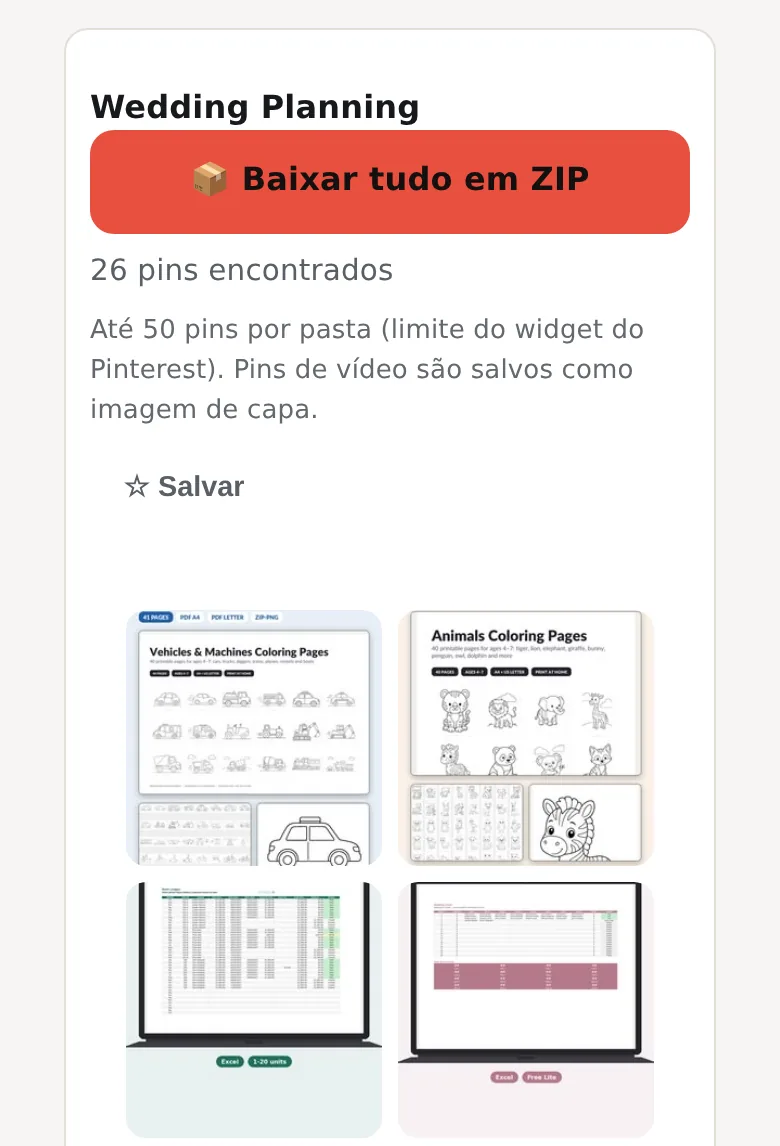 Cartão da pasta Wedding Planning: botão Baixar tudo em ZIP, 26 pins encontrados e os quatro primeiros pins