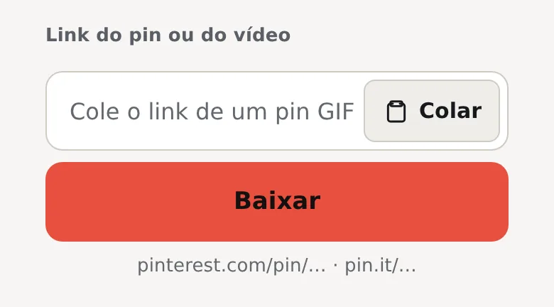 Campo de link da página GIF para MP4 com o botão Colar, o botão Baixar e a dica pinterest.com/pin/… · pin.it/…