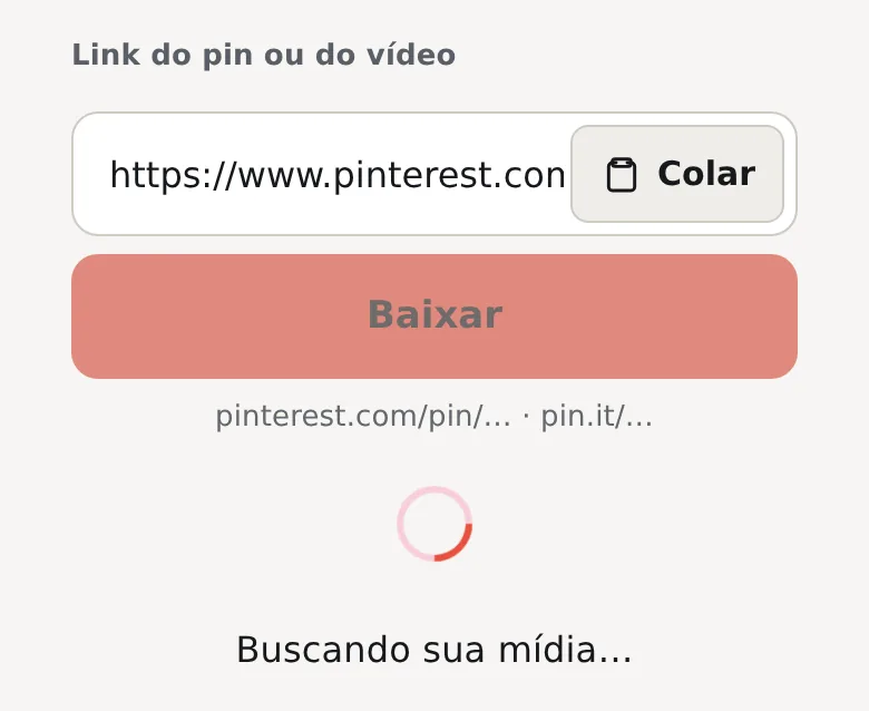 Link de um pin GIF colado no campo, o botão Baixar esmaecido e Buscando sua mídia…