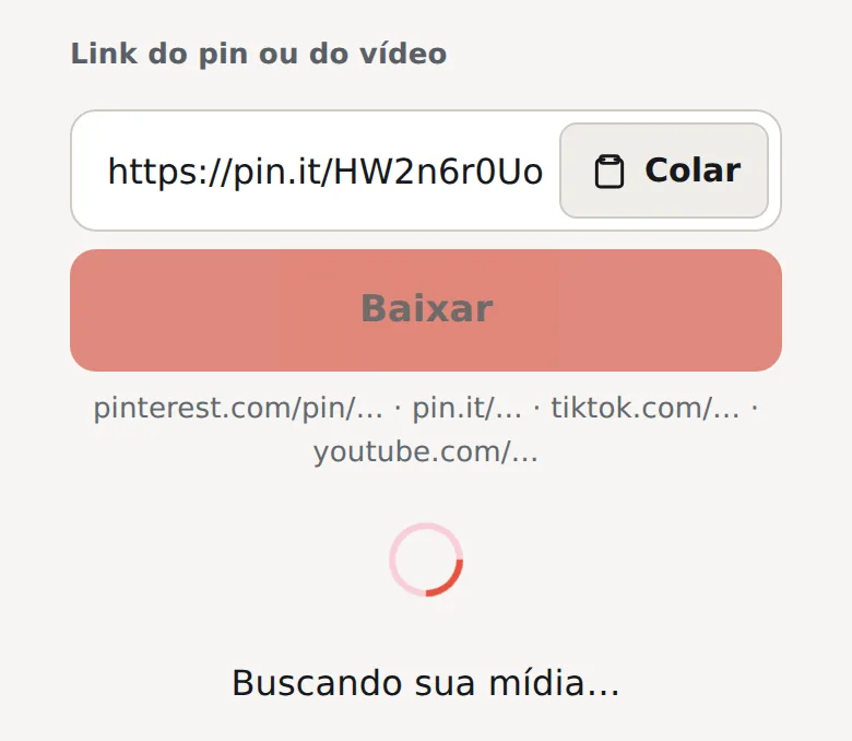 Link pin.it colado no campo, o botão Baixar esmaecido e o indicador Buscando sua mídia…