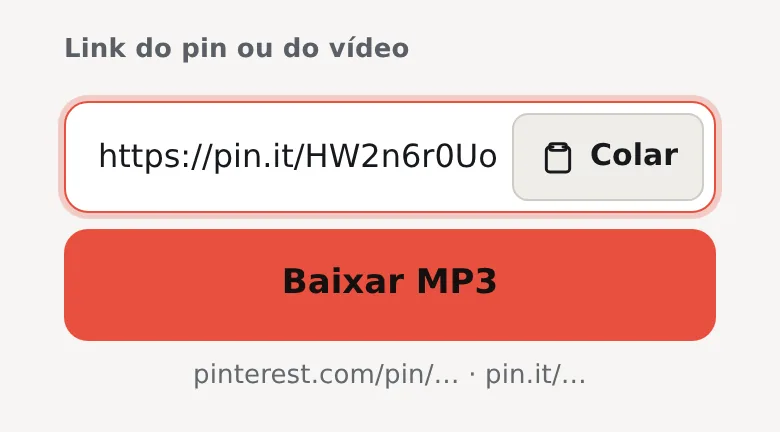 Campo de link da página MP3 com um link pin.it colado e o botão Baixar MP3
